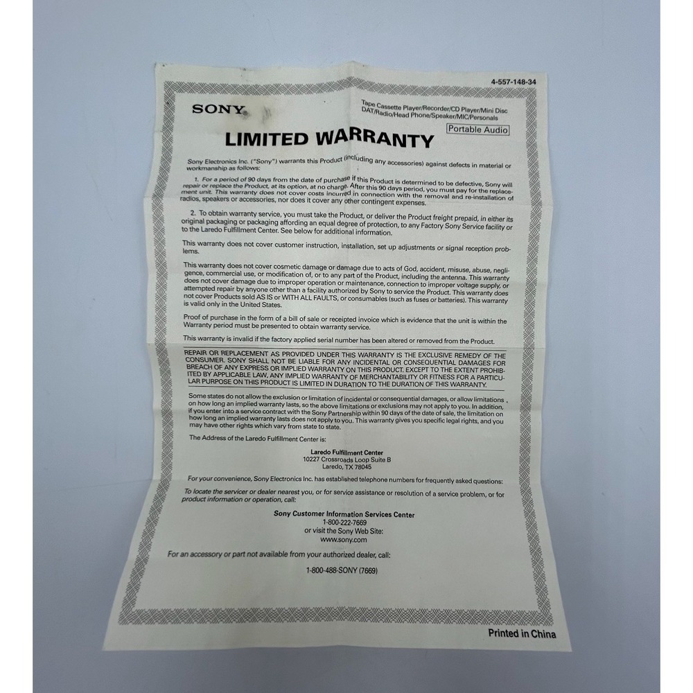 Sony Limited Warranty Certificate for Portable Audio Devices 4-557-148-34